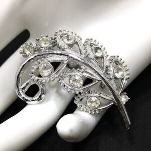Vintage Silver Tone Clear Rhinestone Floral Spray Brooch, 2 Inches